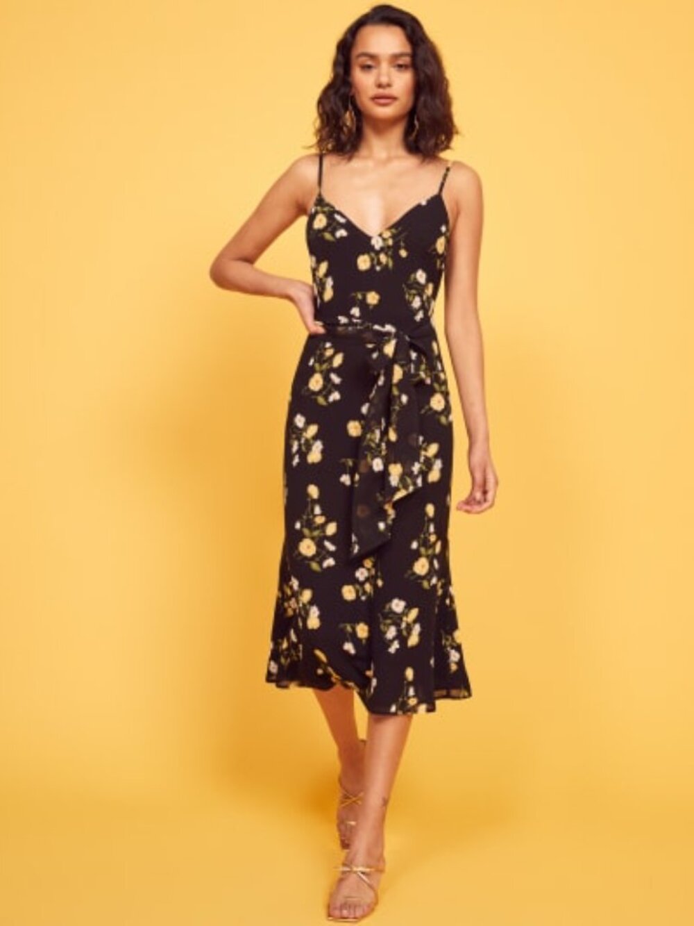 Reformation Black Floral Midi Dress with Yellow Blossoms